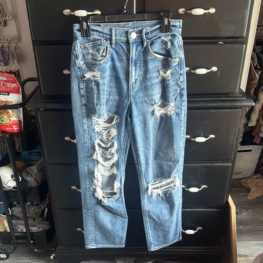 American Eagle Outfitters Blue Relaxed Jeans with Distressed Details
